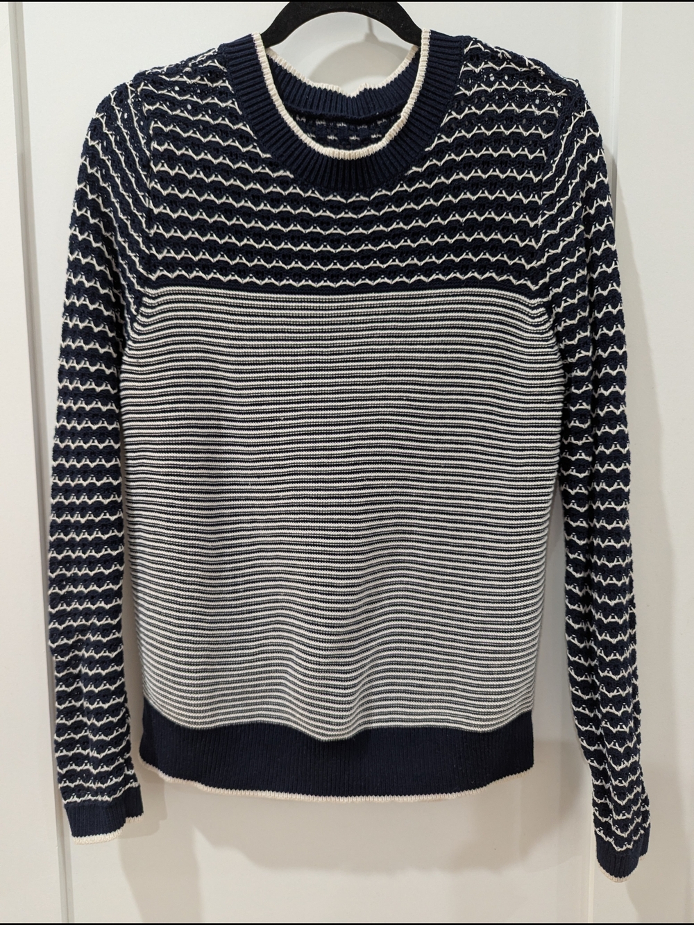 LOFT Navy and White Textured Crewneck Sweater